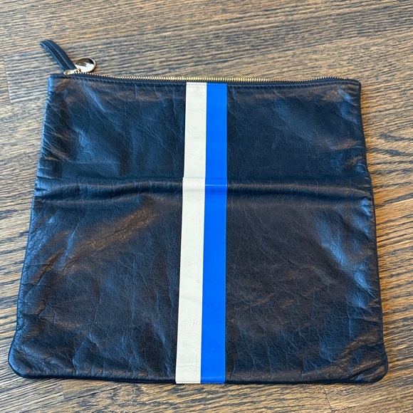 Clare V Foldover Clutch Black Leather w/ Blue and White Stripe EUC - Picture 3 of 9